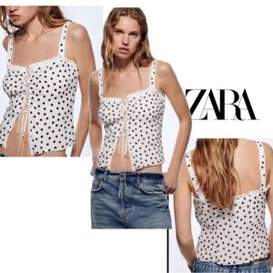 Zara studio collection white black polkadot camisole tank top lace up front Sz L